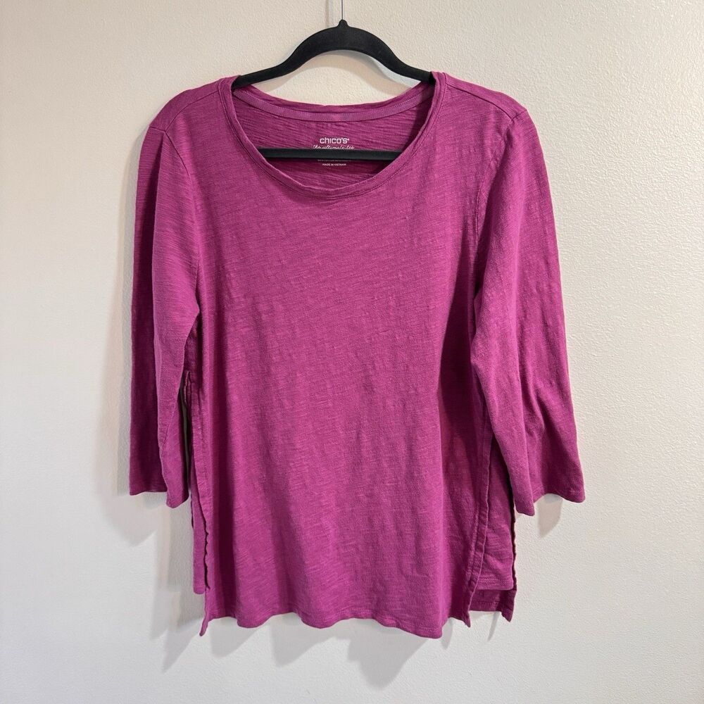 Chico's Ultimate Tee T-shirt 2 / L Fuschia Pink Cotton Stretch Scoop 3/4 Sleeves